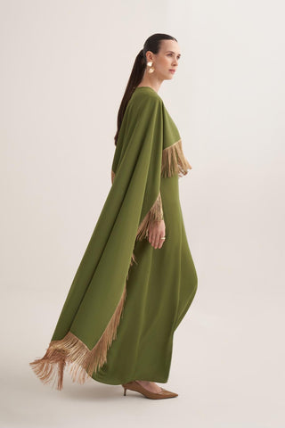 Milena Fringed Cape Maxi Dress – Green