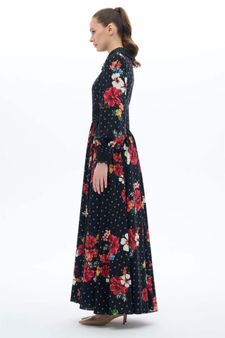 Vintage-Inspired Floral Maxi Dress - Black