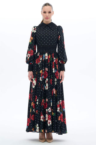Vintage-Inspired Floral Maxi Dress - Black