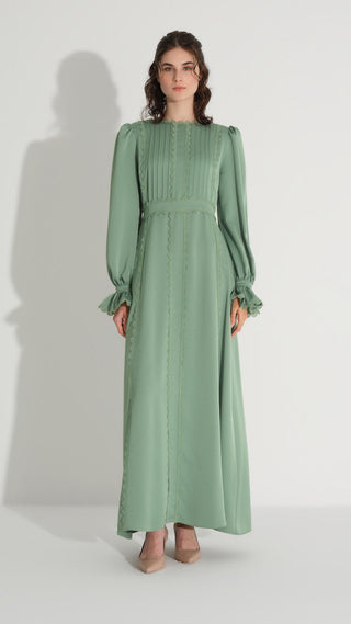 Pleated Lace Detail Dress – Soft Green