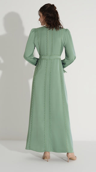 Pleated Lace Detail Dress – Soft Green