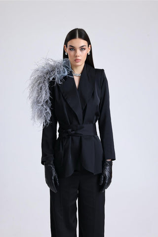 Obsidian Ember Feather-Shoulder Set — Black