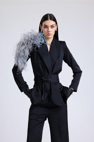 Obsidian Ember Feather-Shoulder Set — Black