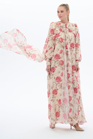 Cape Shoulder Rose Print Dress in Beige