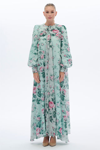 Cape Shoulder Rose Print Dress in Mint