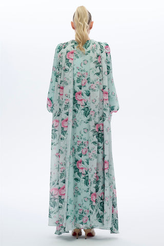 Cape Shoulder Rose Print Dress in Mint