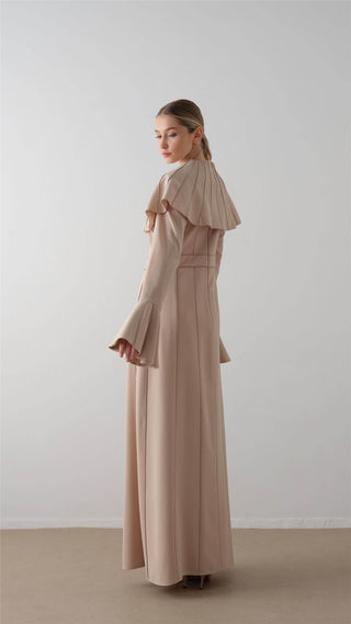 Pleated Cape Crepe Dress – Beige