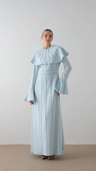 Pleated Cape Crepe Dress – Light Blue