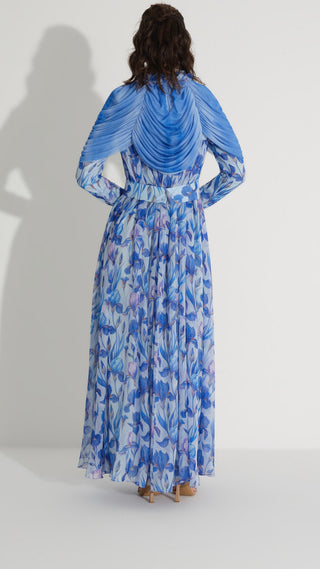 Cape Detail Silk Chiffon Dress – Blue