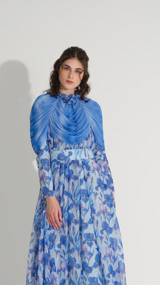 Cape Detail Silk Chiffon Dress – Blue