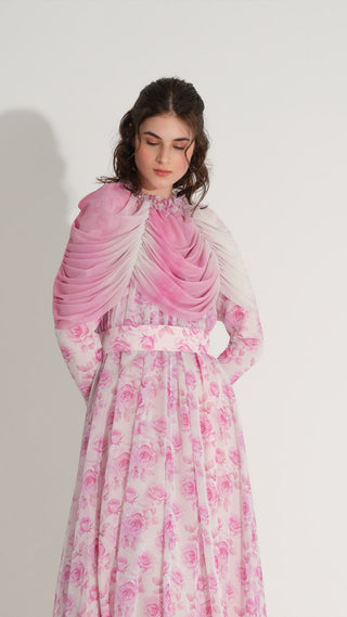 Cape Detail Silk Chiffon Dress – Pink