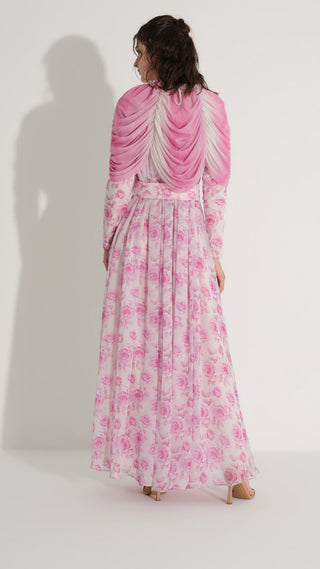 Cape Detail Silk Chiffon Dress – Pink