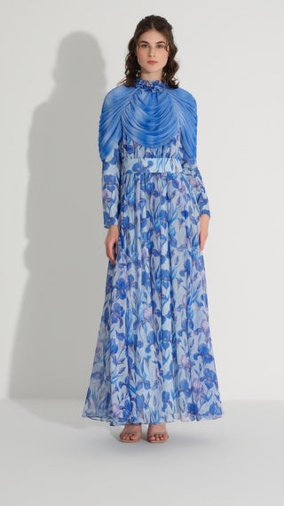 Cape Detail Silk Chiffon Dress – Blue