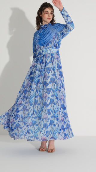 Cape Detail Silk Chiffon Dress – Blue