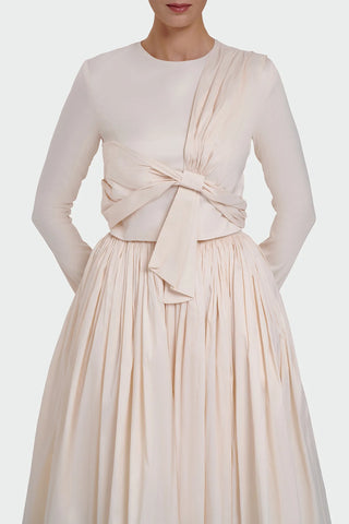 Long-Sleeve Dress with Front Tie Detail - Cream