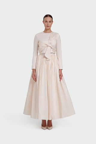 Long-Sleeve Dress with Front Tie Detail - Cream
