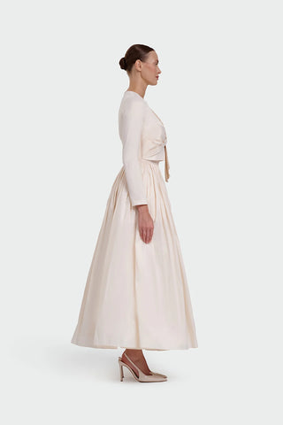 Long-Sleeve Dress with Front Tie Detail - Cream