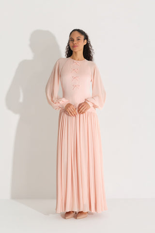 Front Bow Detail Crepe Dress – Peach