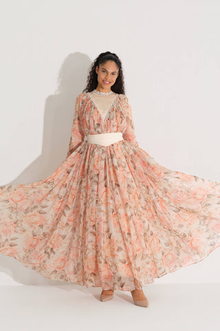 V-Neck Lace Detail Chiffon Dress – Peach
