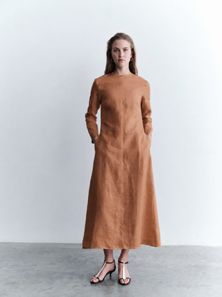 Front Seam Straight-Cut Dress – Camel – ModestBeauty