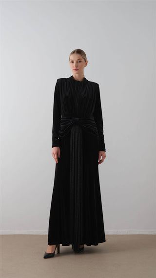 Front-Draped Velvet Dress – Black