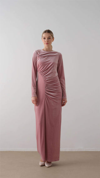 Ruched Velvet Maxi Dress – Blush Pink