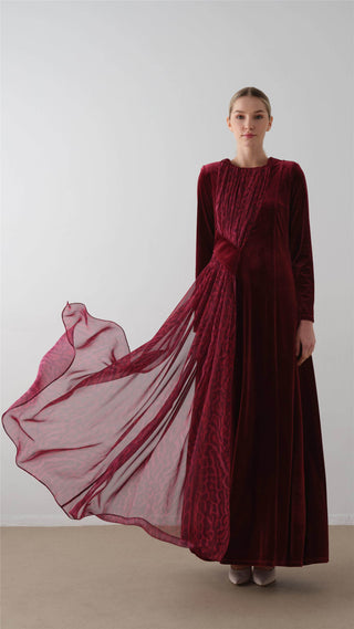 Cross-Draped Velvet Chiffon Dress – Bordeaux