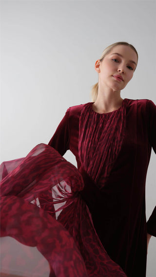 Cross-Draped Velvet Chiffon Dress – Bordeaux