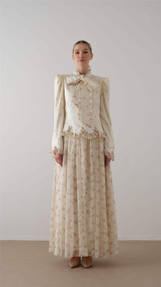 Bow-Neck Floral Dress – Cream