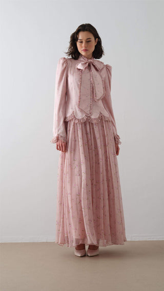 ÖNÜ FULARLI DESENLİ ELBİSE Pembe