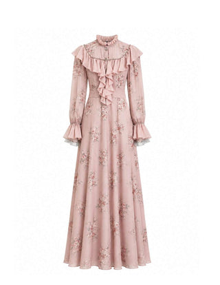 Ozoda Couture Amelie peach floral chiffon maxi dress with cascading ruffles and statement cuffs