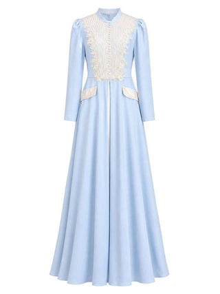 Ozoda Couture Aveline powder blue maxi dress with pleated bodice and light embroidery