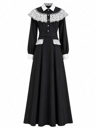 Ozoda Couture Celestine black maxi dress with white lace collar and decorative pocket details