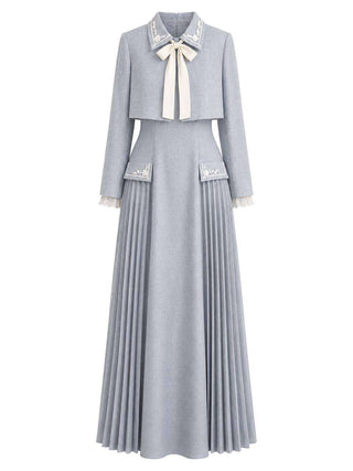 Ozoda Couture Elise powder blue maxi dress with pleated panels lace accents and bow