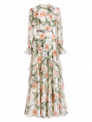 Ozoda Couture Florea green and peach floral chiffon maxi dress with layered ruffles