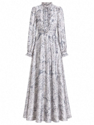 Ozoda Couture Lunelle gray floral maxi dress with ruffle detailing