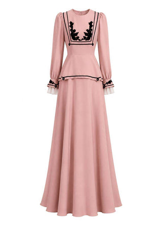 Ozoda Couture Rosaline peach maxi dress with black embroidery and feminine cuff detailing