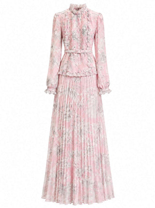Ozoda Couture Roselle pink floral pleated maxi dress with ruffle details