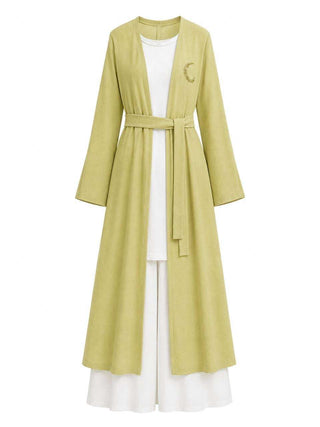 Ozoda Couture Sahra green layered co-ord set with long belted outer layer and white separates