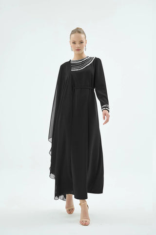 Pais Embellished Cape Dress – Black