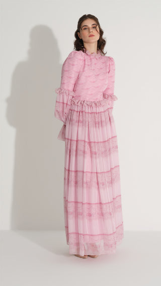 PANO DESEN İPEK ŞİFON ELBİSE Pembe