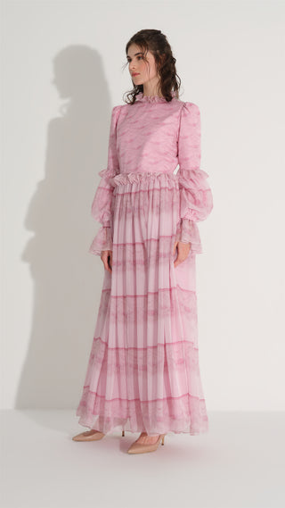 PANO DESEN İPEK ŞİFON ELBİSE Pembe