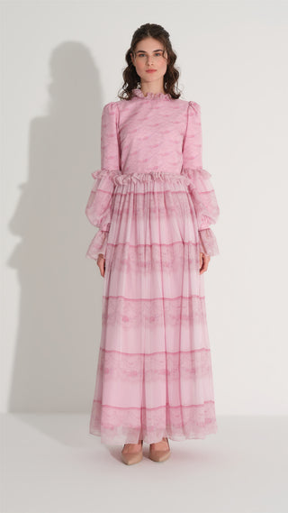 PANO DESEN İPEK ŞİFON ELBİSE Pembe
