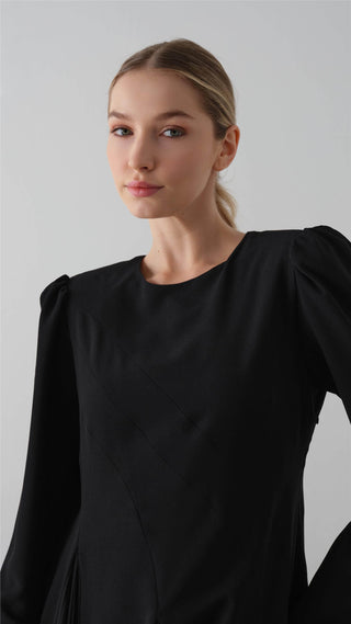 Pleated Crepe Chiffon Dress – Black