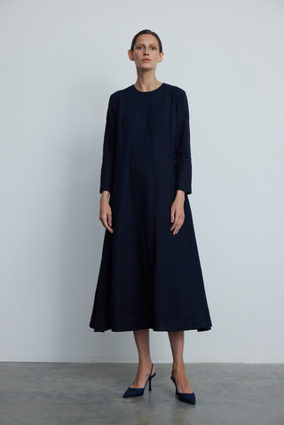 Relaxed Fit Linen Maxi Dress - Navy Blue