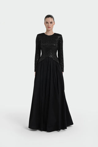 Sequin-Embellished Long-Sleeve Evening Gown - Black