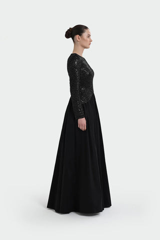 Sequin-Embellished Long-Sleeve Evening Gown - Black