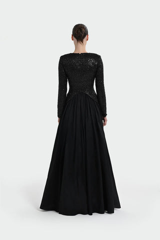 Sequin-Embellished Long-Sleeve Evening Gown - Black