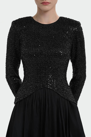 Sequin-Embellished Long-Sleeve Evening Gown - Black