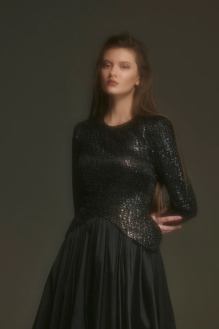 Sequin-Embellished Long-Sleeve Evening Gown - Black